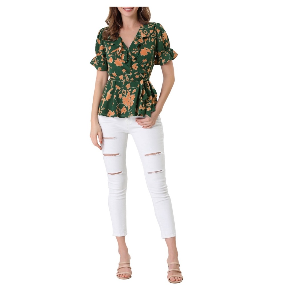 Floral Ruffle Sleeves V NeckTie Waist
Wrap Peplum Blouse NWT S/M - Picture 3 of 3